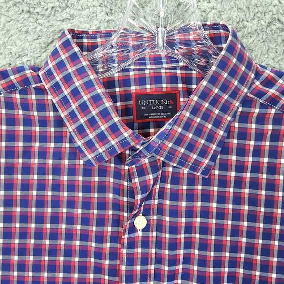 UNTUCKit Men's Blue Red Check Button Up Performance Shirt Stuhlmuller Size L - Picture 3 of 12